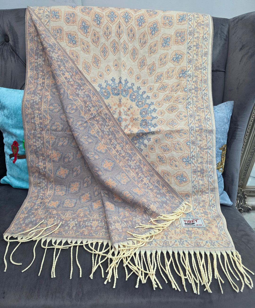 Blush With Grey  Mandala Pattern Scarf/Stall in 100% Yak's Wool