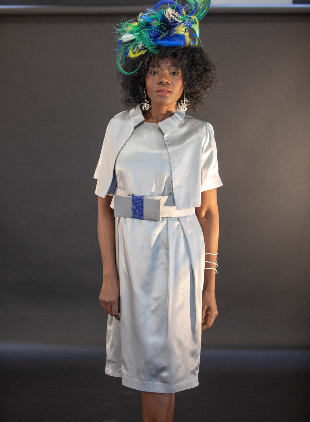 Silver Satin Silk Mother of the Bride Dress with Cropped Jacket – Elegant Wedding Outfit UK - Vz Collection