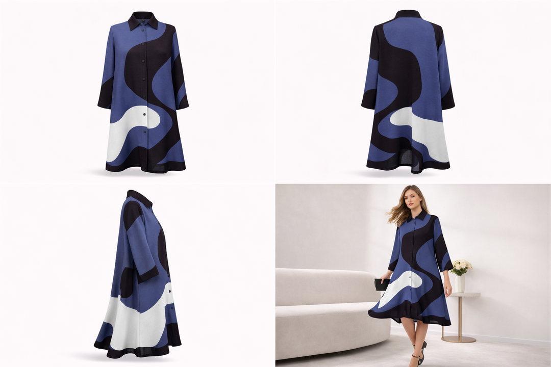 Midnight Wave Plissé Dress - Blue & Black - Vz Collection