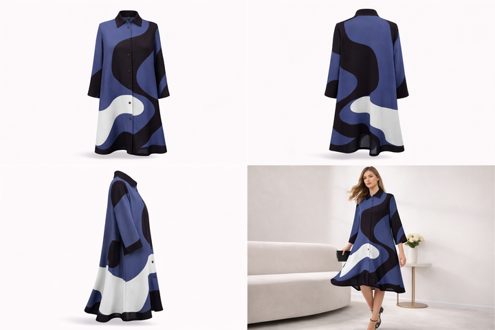 Midnight Wave Plissé Dress - Blue & Black - Vz Collection