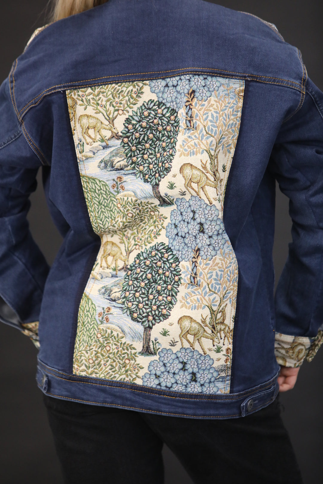 Denim Jacket with Forest Tapestry Panel – One of a Kind Statement Piece - Vz Collection