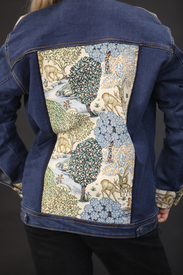 Denim Jacket with Forest Tapestry Panel – One of a Kind Statement Piece - Vz Collection