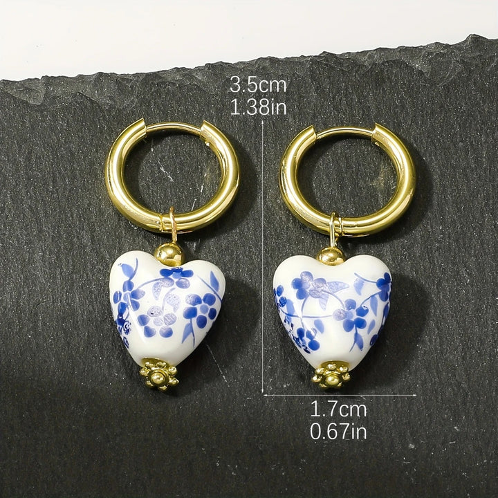 Blue Floral Enamel Heart Hoop Earings