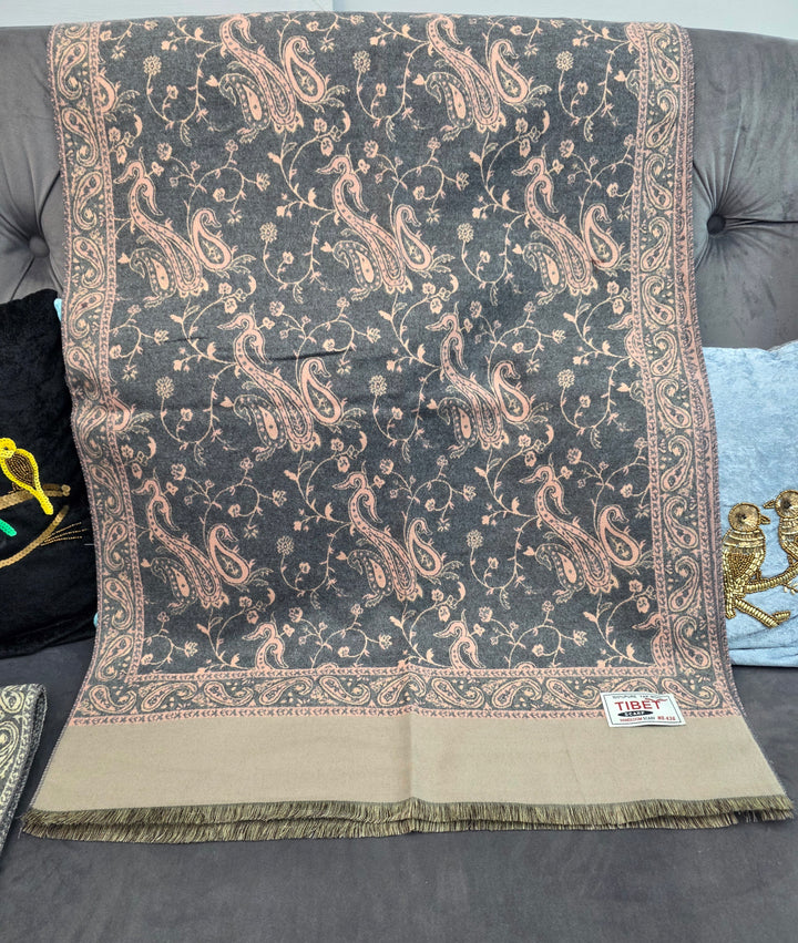 Blush Pink & Grey  Reversible Paisley Pattern Scarf/Stall in 100% Yak's Wool