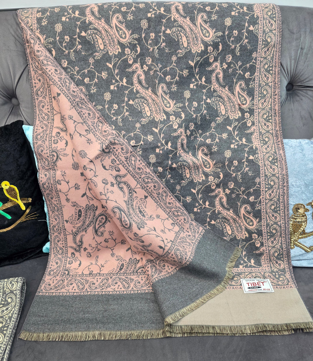 Blush Pink & Grey  Reversible Paisley Pattern Scarf/Stall in 100% Yak's Wool