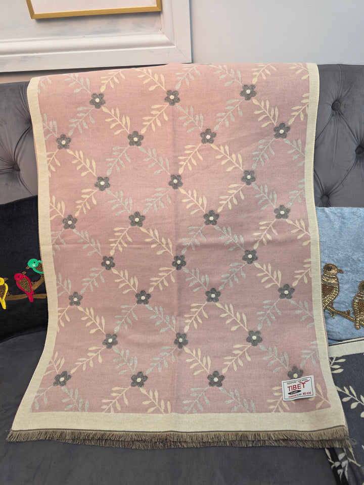 Blush Pink & Beige Reversible Floral Pattern Scarf/Stall in 100% Yak's Wool