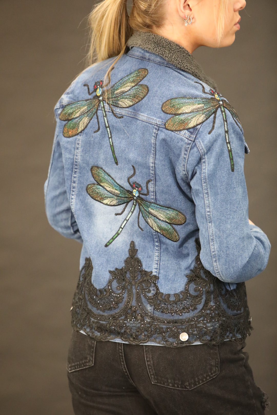 Luxury Couture Denim Jacket with Embroidered Dragonfly Detail & Ornate Lace Appliqué – One of a Kind - Vz Collection