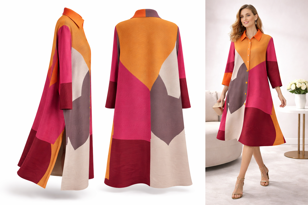 Sunset Geometry Plissé Swing Dress - - Vz Collection