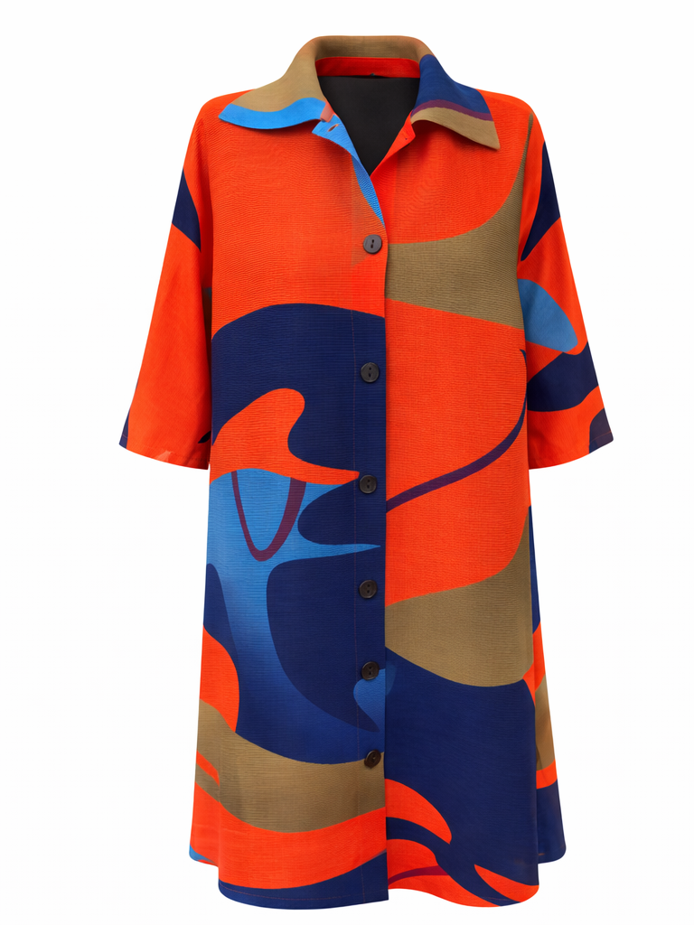 Aurora Plissé Abstract Print Shirt Dress - Orange - Vz Collection