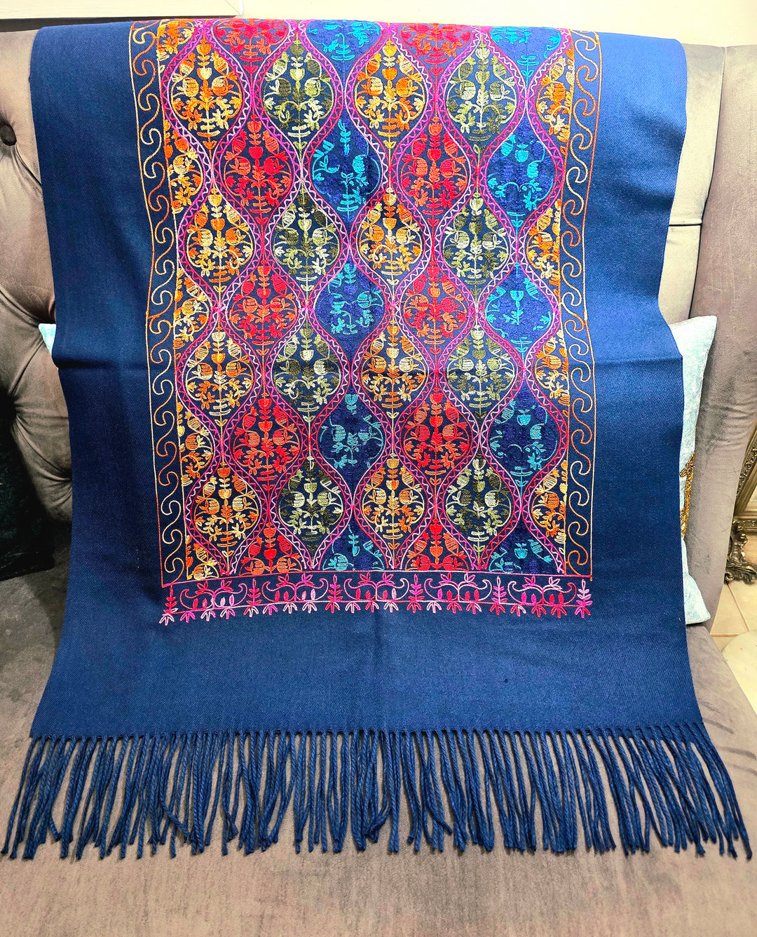 Blue-Hand Embroidered Indian Shawl