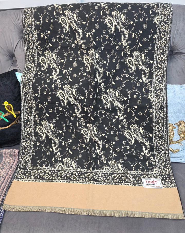 Black & Beige Reversible Paisley Pattern Scarf/Stall in 100% Yak's Wool