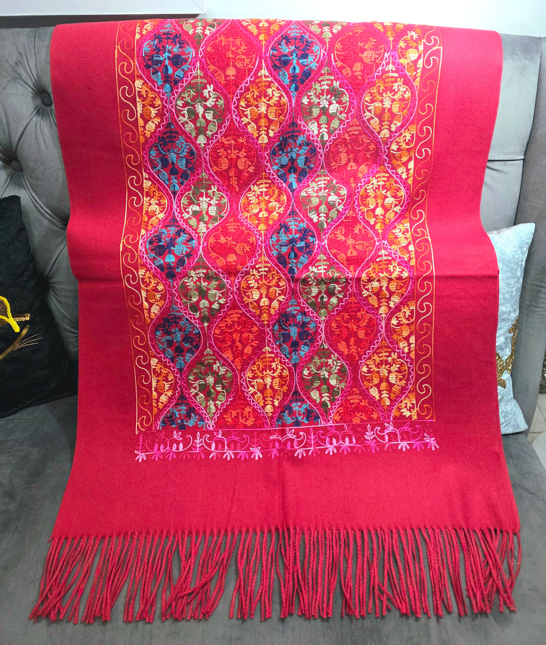 Crimson Red - Hand Embroidered Indian Shawl