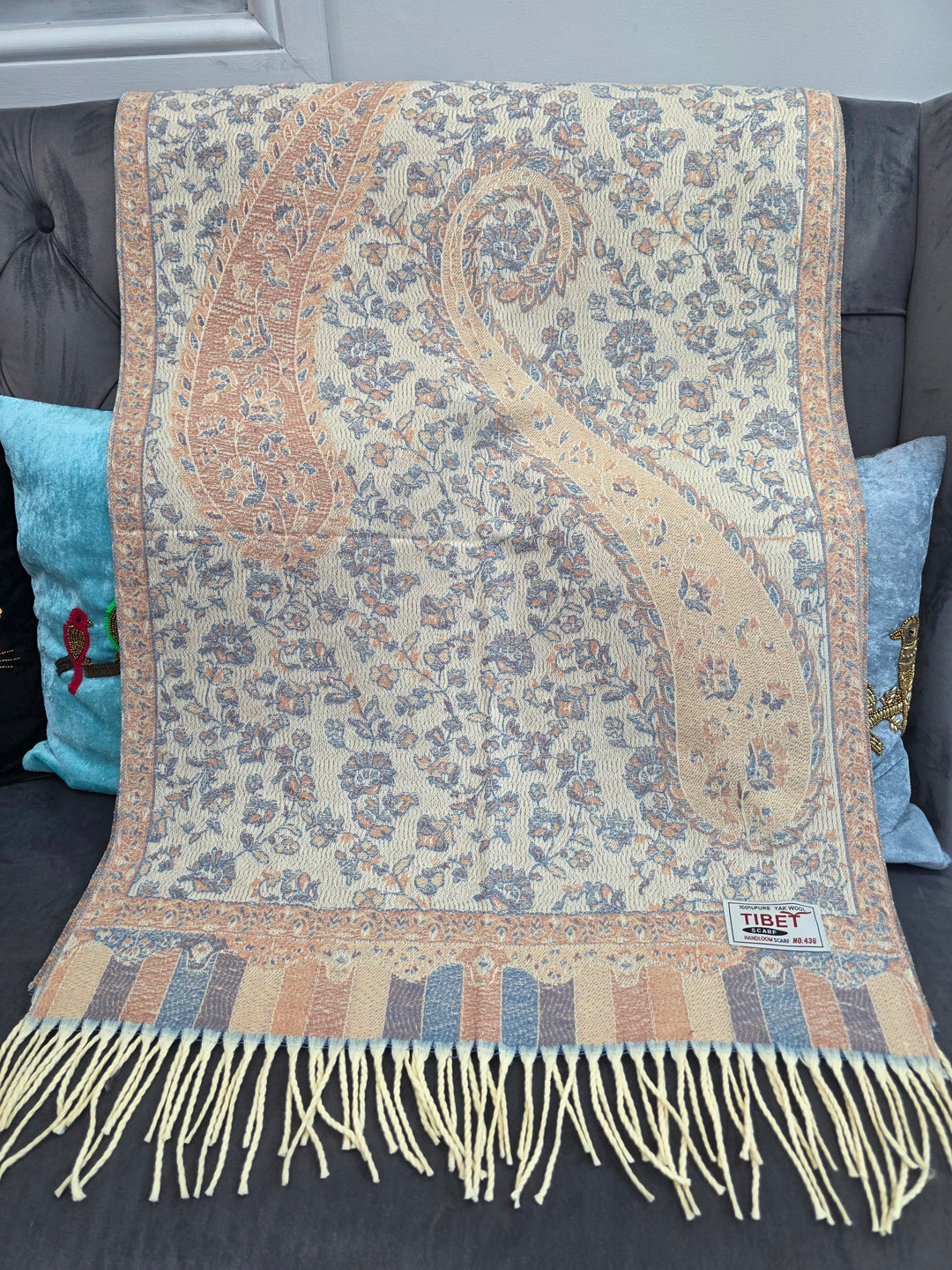 Beige With Grey Paisley Pattern Scarf/Stall in 100% Yak's Wool