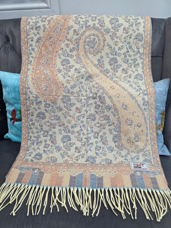 Beige With Grey Paisley Pattern Scarf/Stall in 100% Yak's Wool