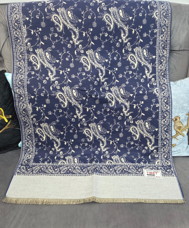 Navy & Beige Reversible Paisley Pattern Scarf/Stall in 100% Yak's Wool
