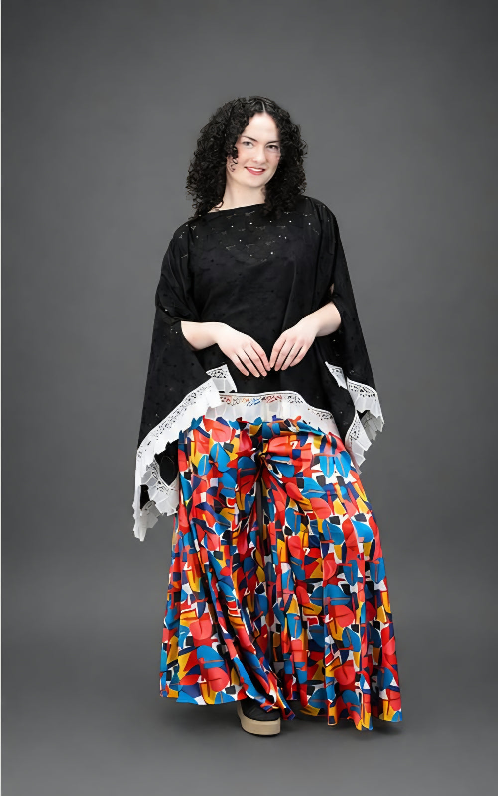 Broidery Glaze Cotton Poncho Top with Lace Edging - Vz Collection