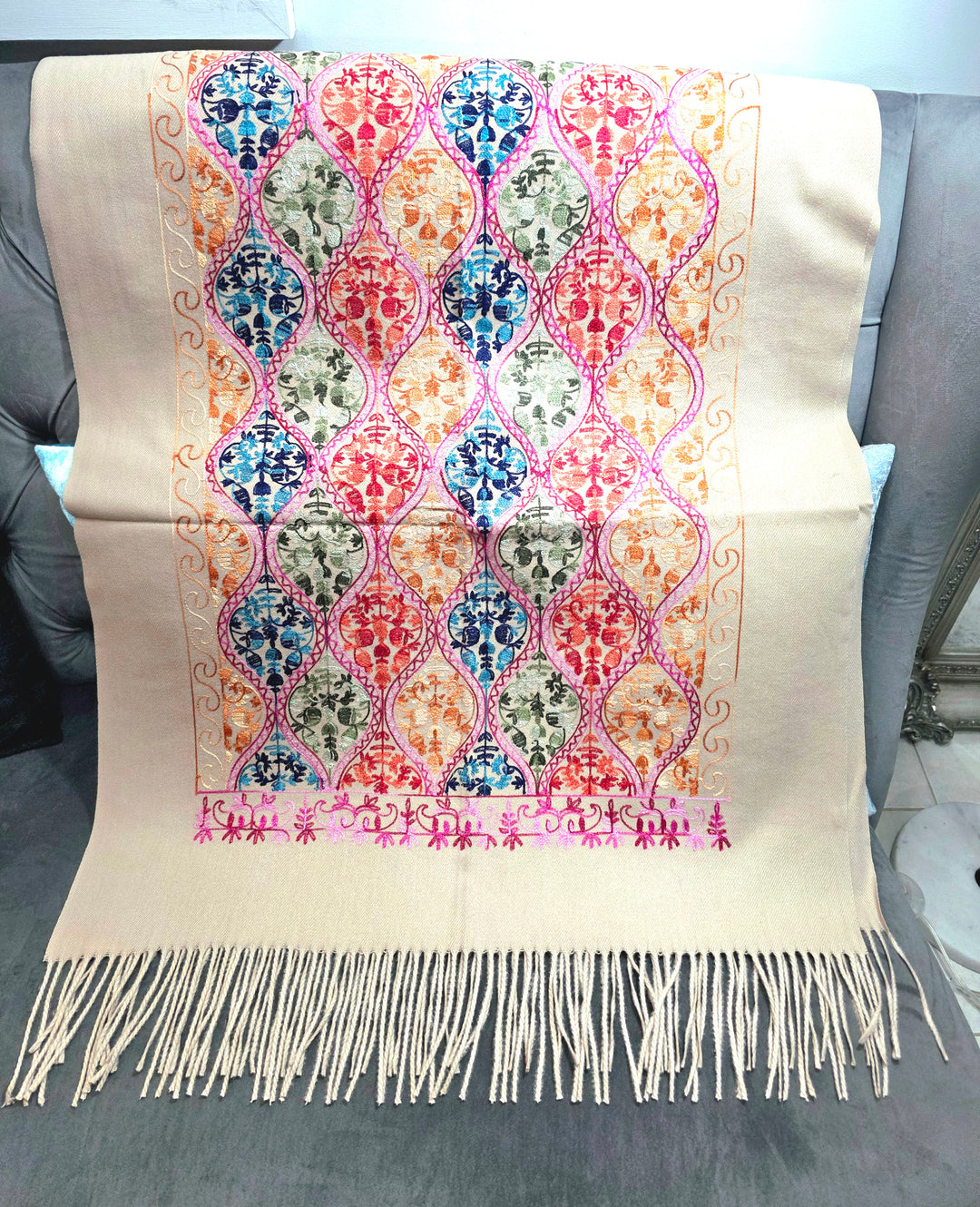 Beige- Hand Embroidered Indian Shawl