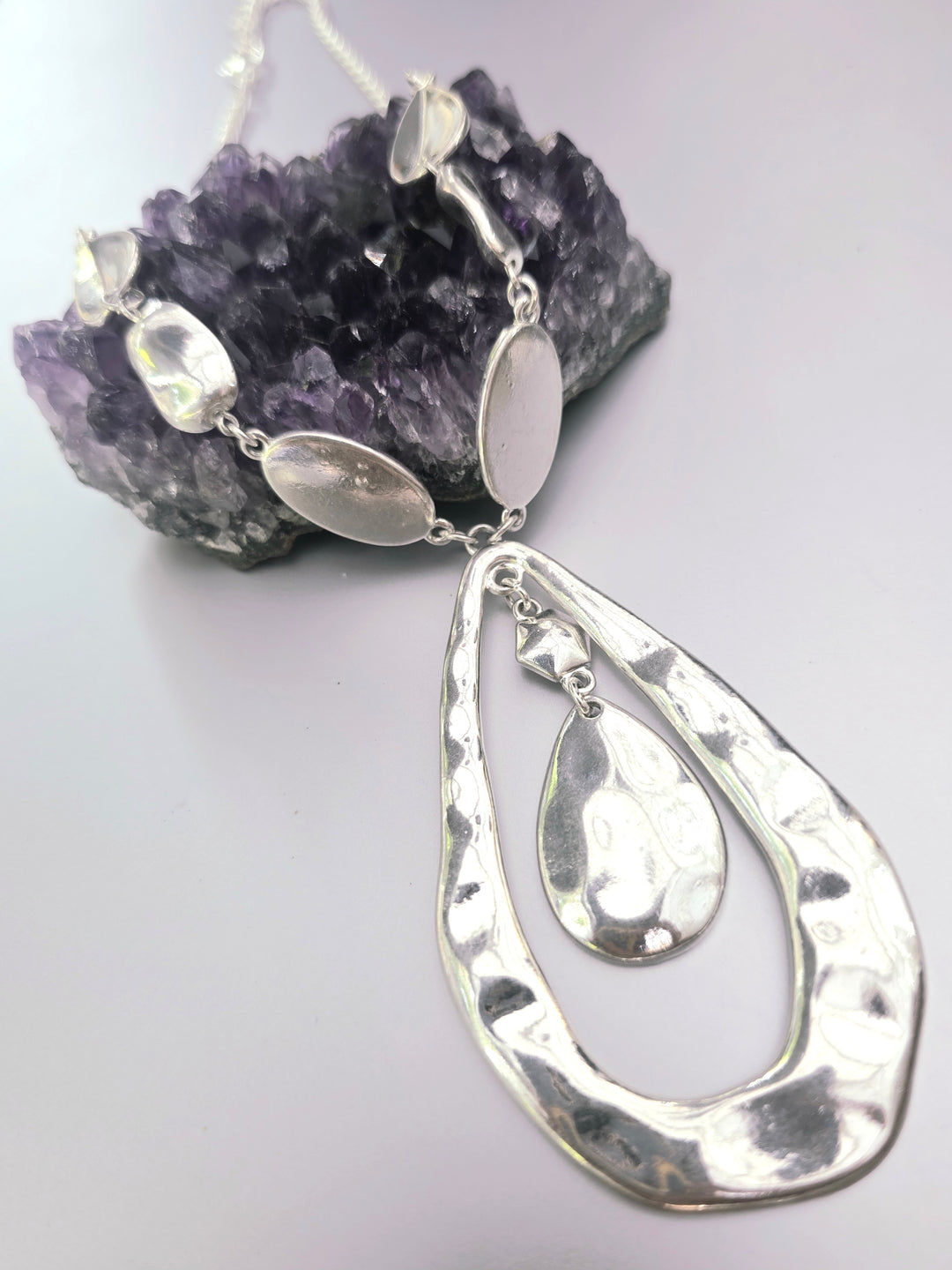 Contemporary Hammered Nickel Free Pearl Drop Necklace