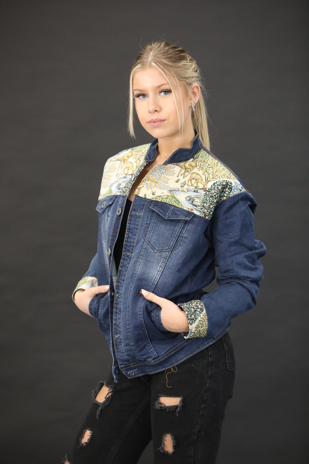 Denim Jacket with Forest Tapestry Panel – One of a Kind Statement Piece - Vz Collection