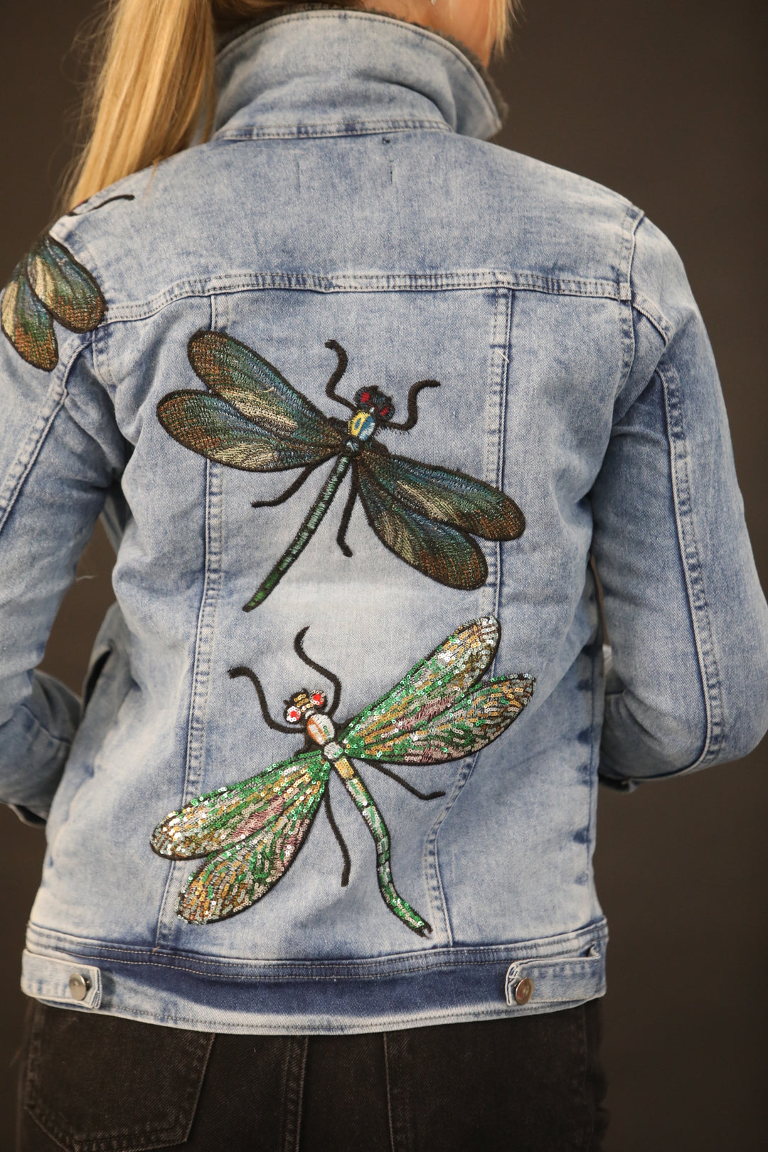 Luxury Fur Lined Denim Jacket with Hand Embellished Dragonfly Embroidery – One of a Kind Couture Piece - Vz Collection