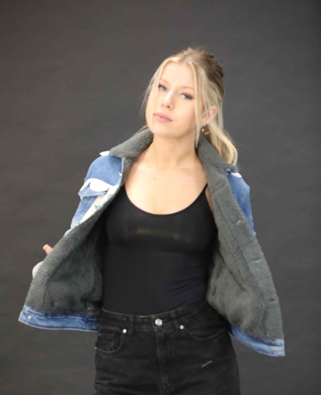 Luxury Fur Lined Denim Jacket with Oversized White Hand Embellishment & Couture Lace Detailing - Vz Collection