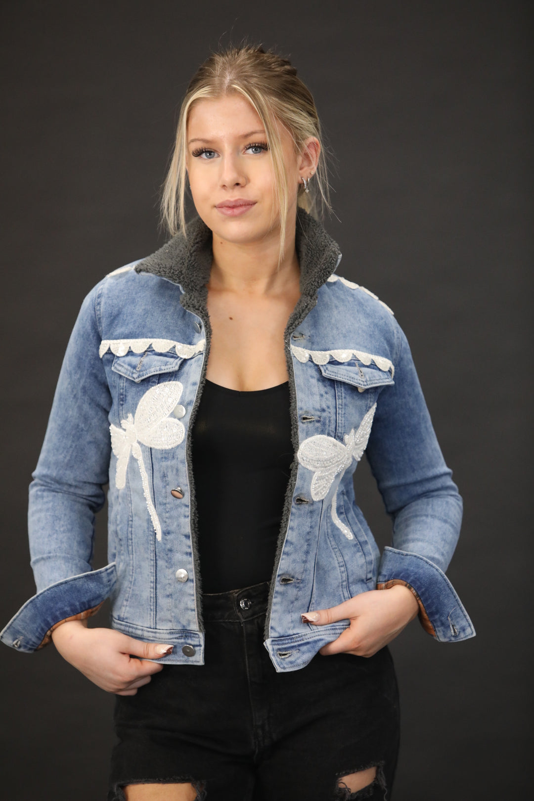 Luxury Fur Lined Denim Jacket with Hand Embellished White Dragonflies & Couture Lace Detailing – One of a Kind - Vz Collection
