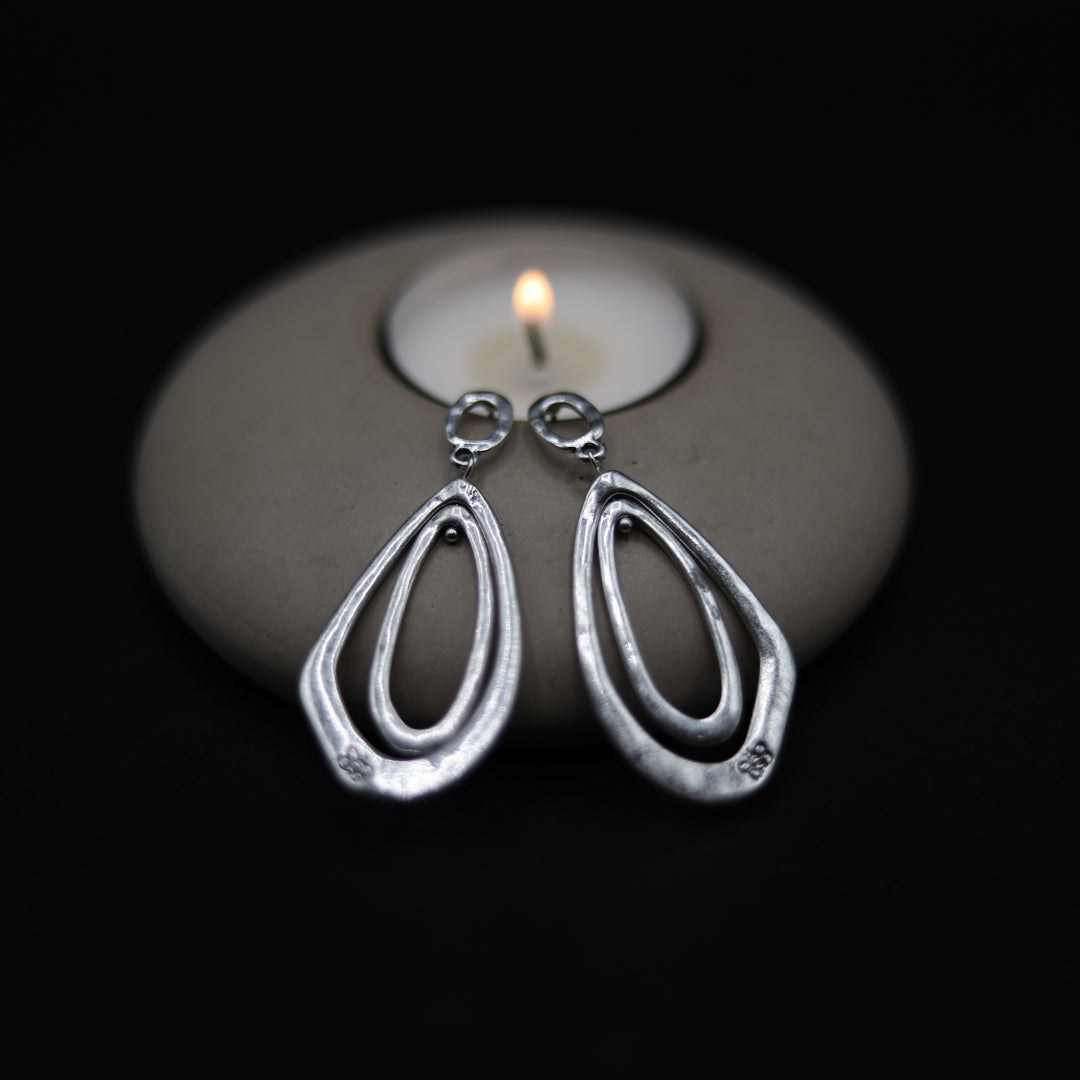 Contemporary Hammered Matt Finish Silver Hanging Earrings - Vz Collection