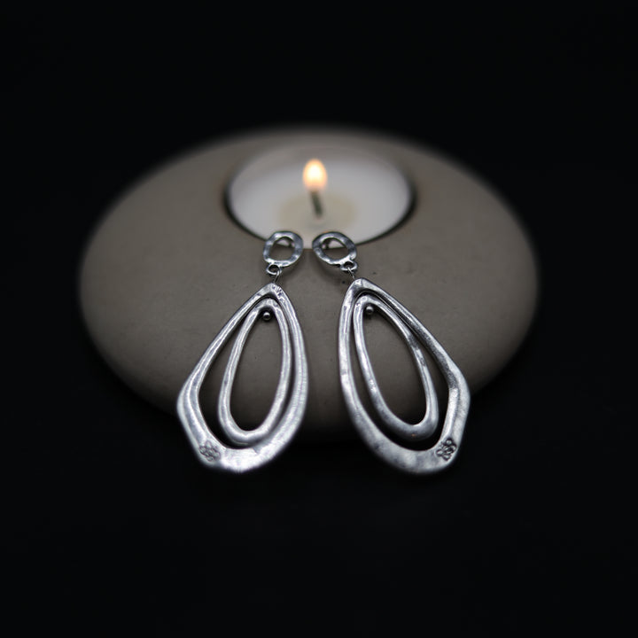 Contemporary Hammered Matt Finish Silver Hanging Earrings - Vz Collection