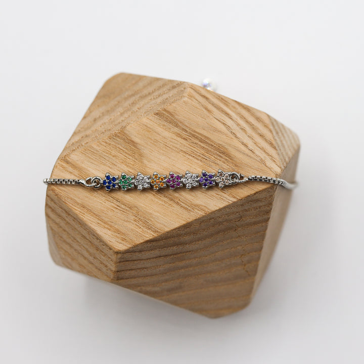 Multicoloured Cubic Zirconia on Flowers Slider Bracelet - Vz Collection