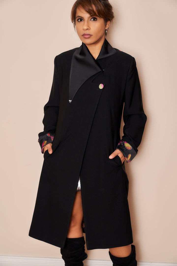 Black Dragonfly Knee Length Jacket - Vz Collection