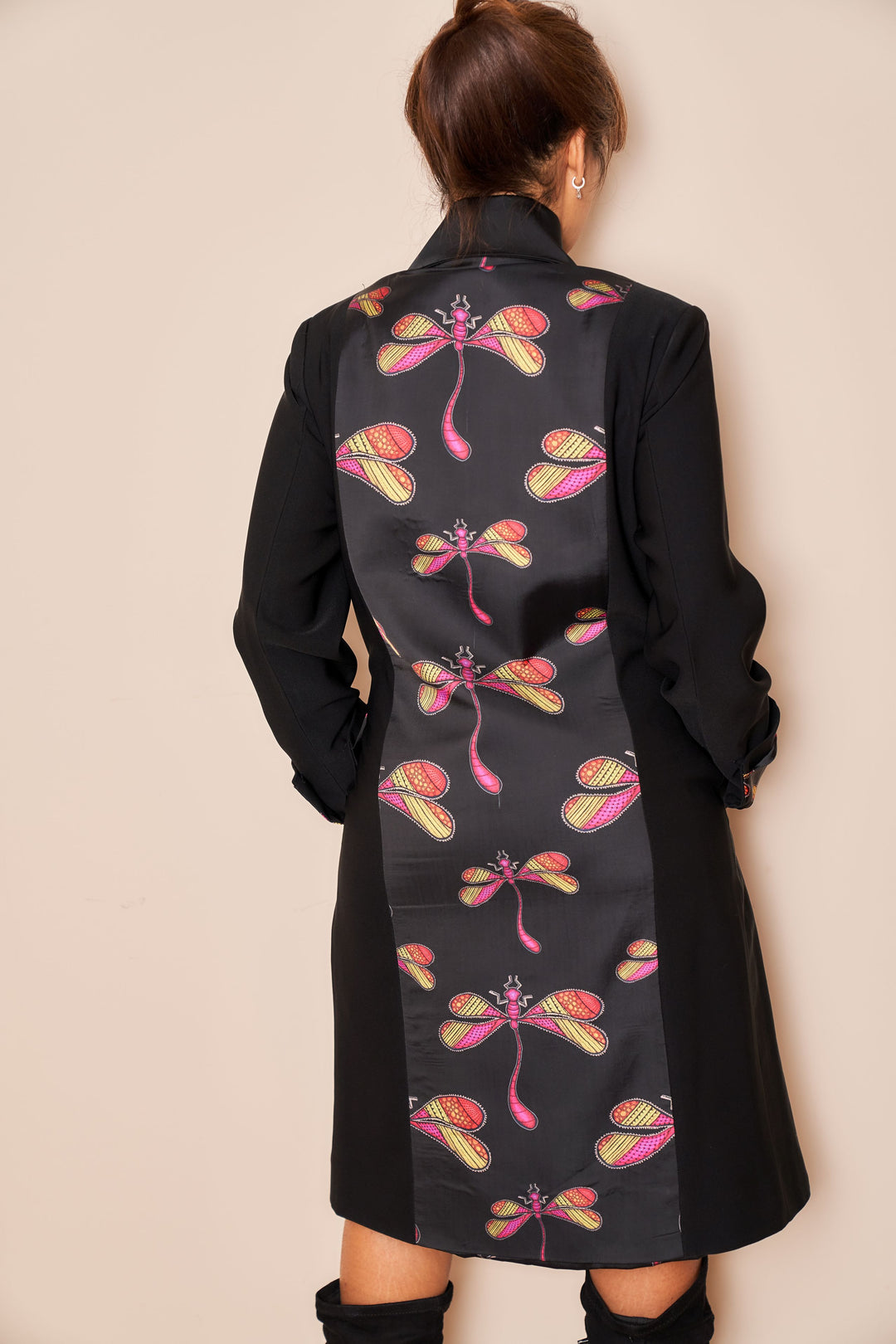 Black Dragonfly Knee Length Jacket - Vz Collection