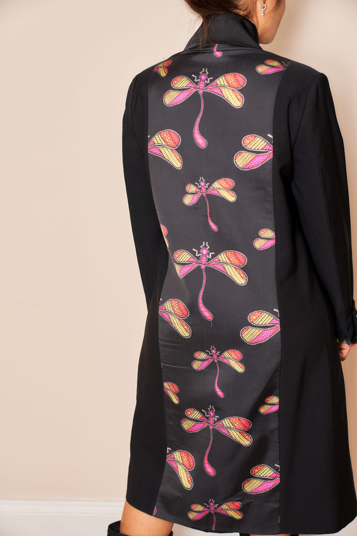 Black Dragonfly Knee Length Jacket - Vz Collection