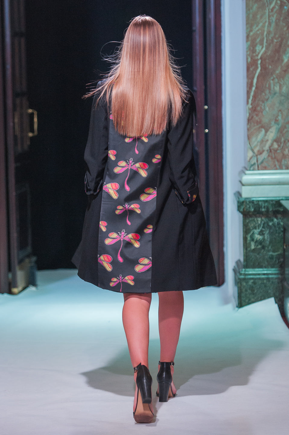 Black Dragonfly Knee Length Jacket - Vz Collection