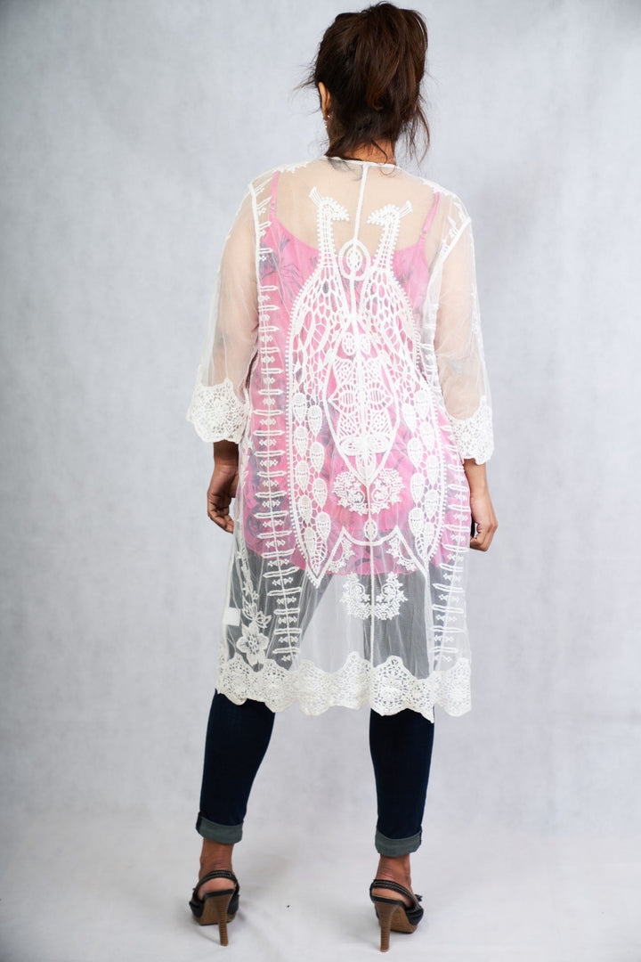 White Crocheted Lace Front Open Overlay with Sleeves - Vz Collection