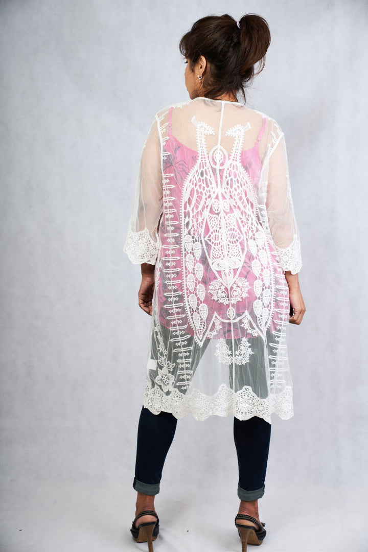 White Crocheted Lace Front Open Overlay with Sleeves - Vz Collection