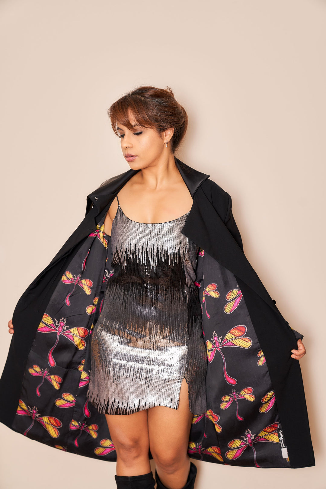 Black Dragonfly Knee Length Jacket - Vz Collection