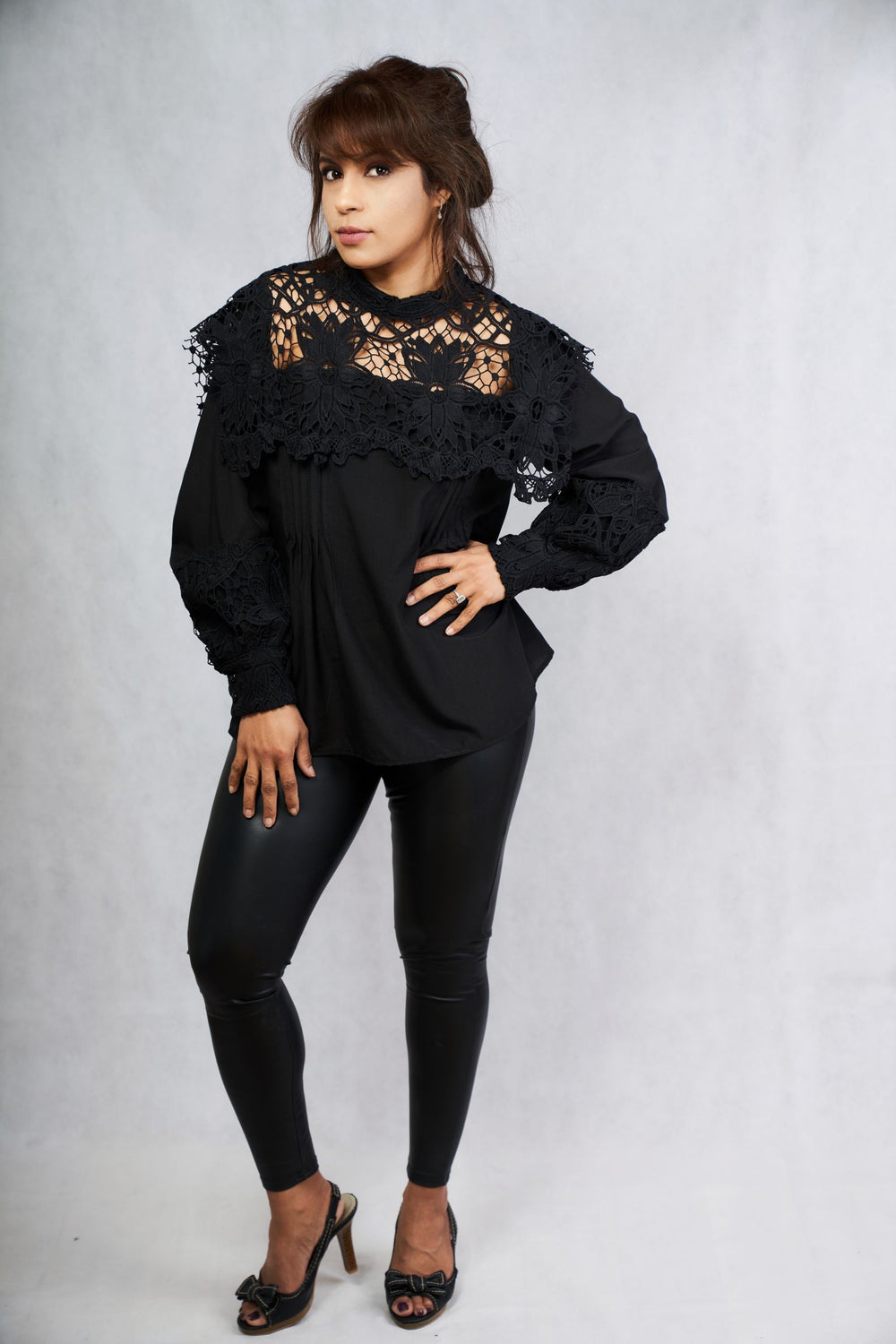 Long Sleeve Crepe Silk Top with French Lace - Vz Collection
