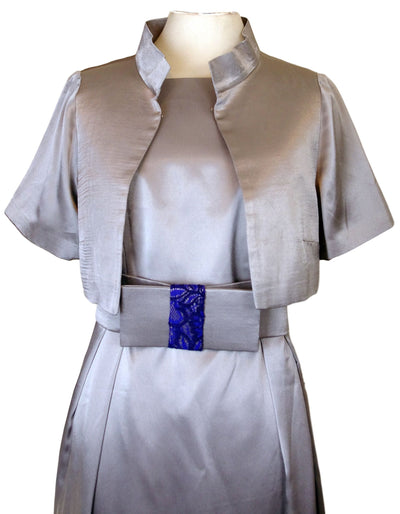 Silver Grey Satin Silk Dress with Box cut Bolero - Vz Collection