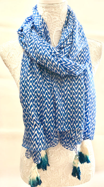 Blue & White ZigZag Geometric Scarf with Tassels - Vz Collection