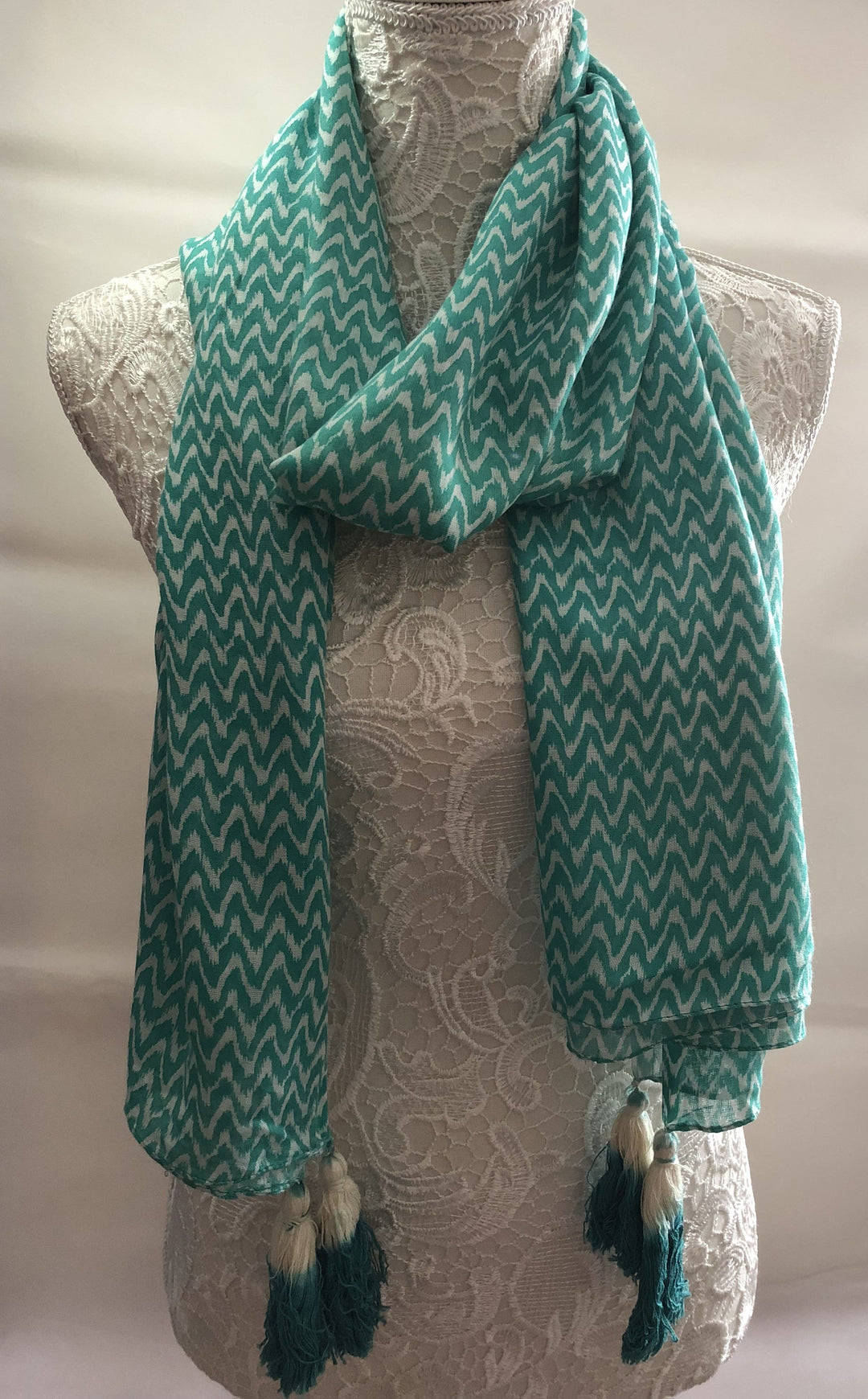 Turquoise Green & White ZigZag Geometric Scarf with Tassels - Vz Collection
