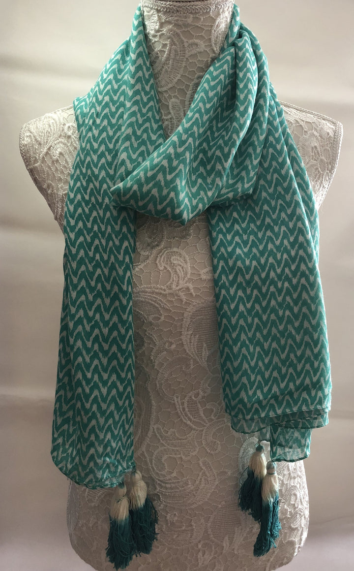 Turquoise Green & White ZigZag Geometric Scarf with Tassels - Vz Collection
