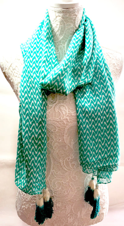 Turquoise Green & White ZigZag Geometric Scarf with Tassels - Vz Collection