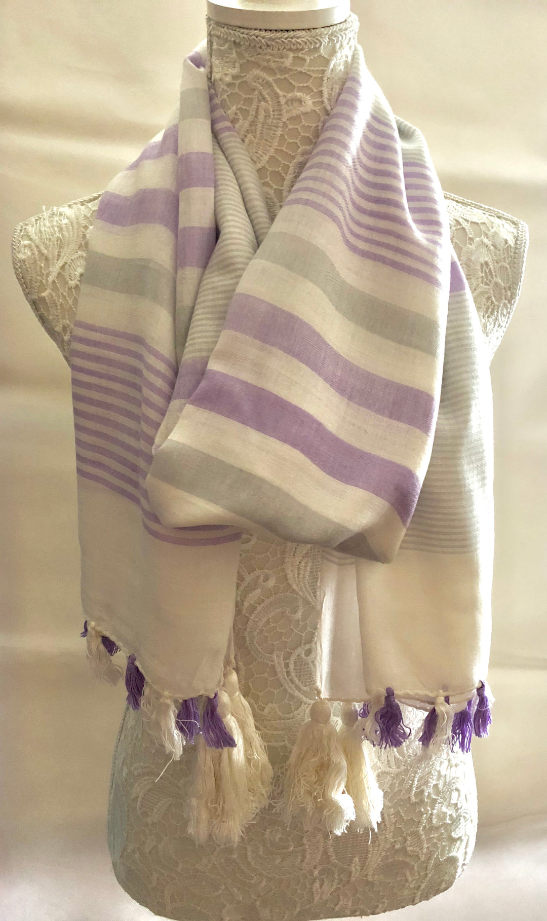 Ivory Scarf with Grey and Lilac Stripes - Vz Collection