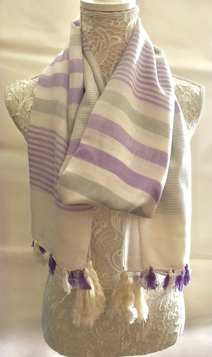 Ivory Scarf with Grey and Lilac Stripes - Vz Collection