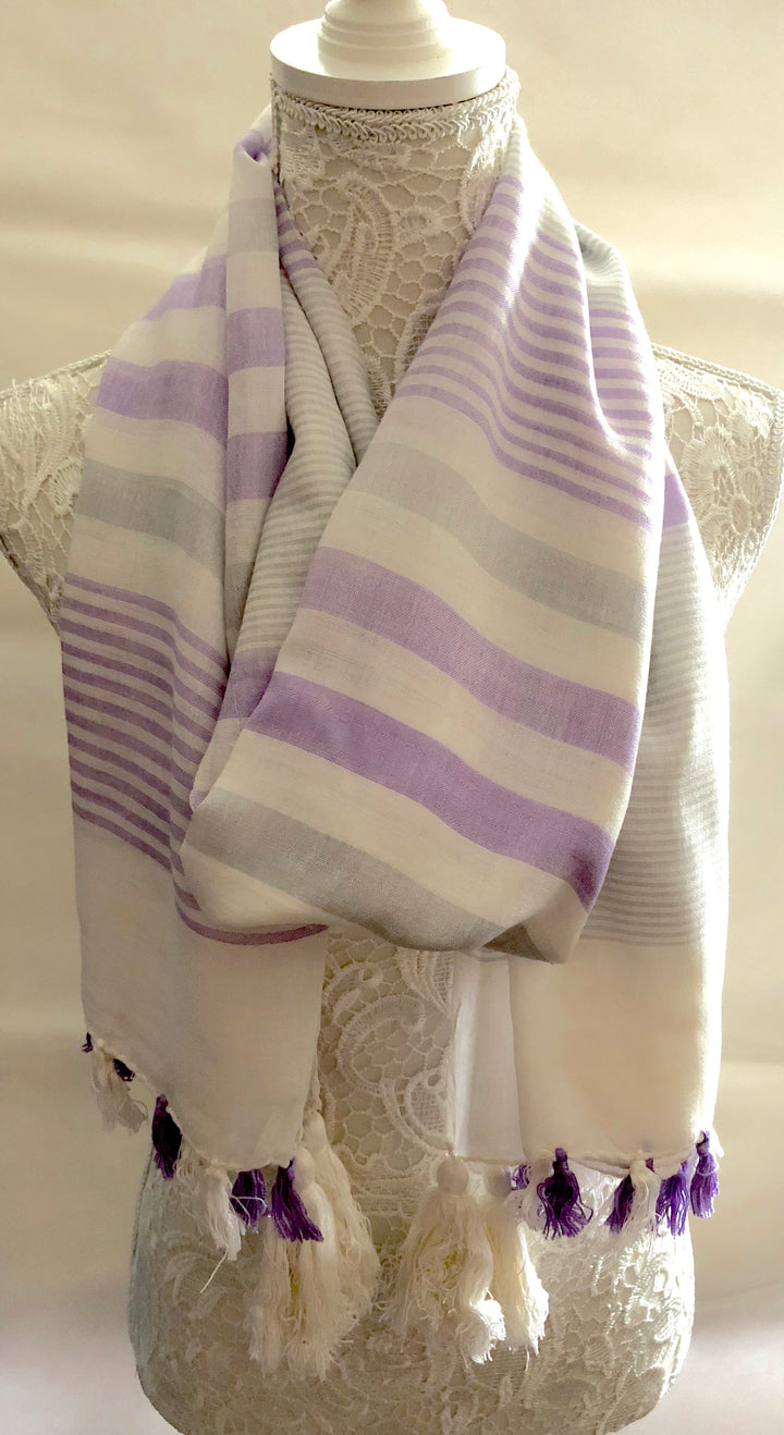 Ivory Scarf with Grey and Lilac Stripes - Vz Collection