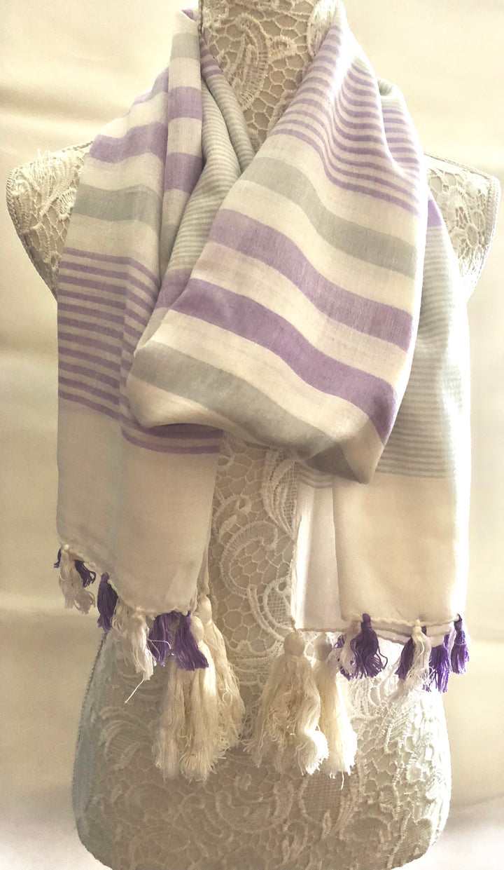 Ivory Scarf with Grey and Lilac Stripes - Vz Collection