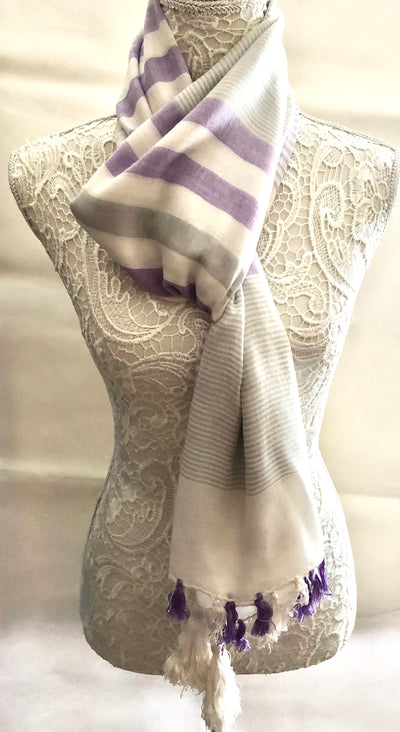 Ivory Scarf with Grey and Lilac Stripes - Vz Collection
