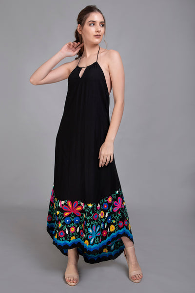 Multi coloured Bohemian Embroidery on Black Dip Hem Maxi Dress - Vz Collection