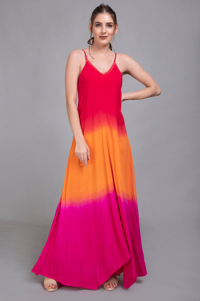 Ombre Three Tone Coral Orange and Pink Maxi Dress - Vz Collection
