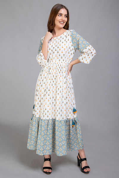 Ivory with Teal Wrinkled Cotton Dress - Vz Collection